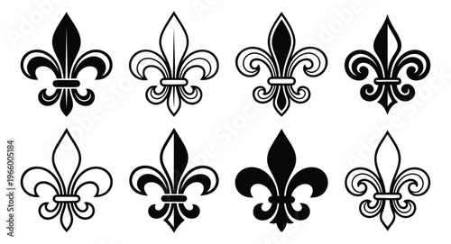 Mixed style icon set of 8 fleur de lis symbols featuring flat silhouette and ornate decorative variations for heraldic design