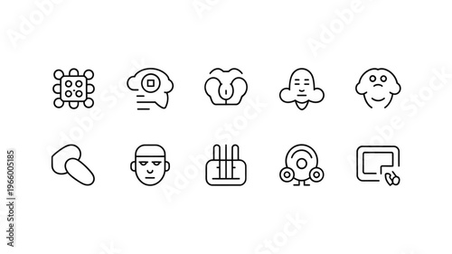 A collection of minimalist black line icons depicting various faces and abstract concepts high quality professional