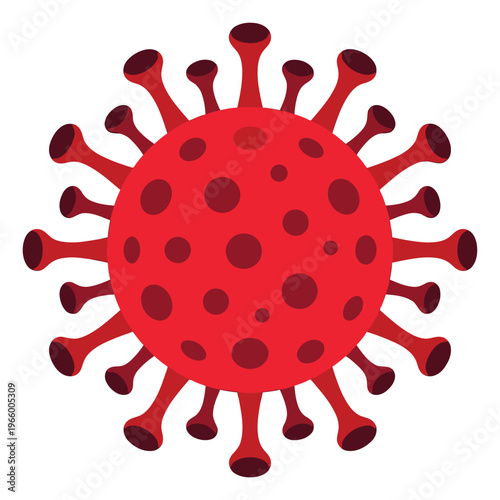Flat illustration of red coronavirus particle depicting spike proteins and viral surface for medical and health design