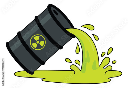 Cartoon illustration of radioactive barrel depicting toxic waste spilling on ground for environmental and hazard design