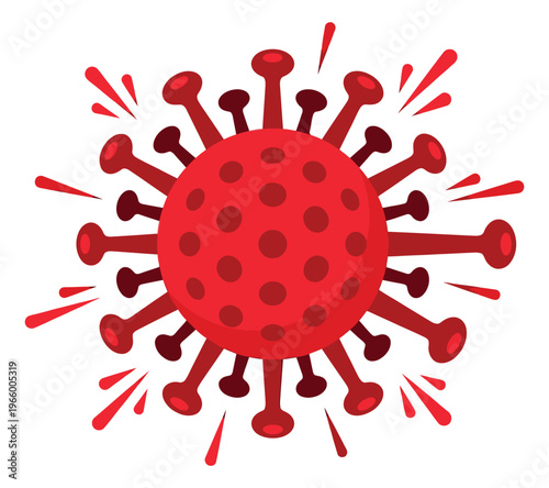 Cartoon illustration of a red coronavirus particle depicting a dangerous pathogen with spike proteins for medical and health design