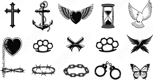 Set of black line tattoo icons including cross, anchor, heart with wings, hourglass, dove, brass knuckles, handcuffs, and butterfly symbols.