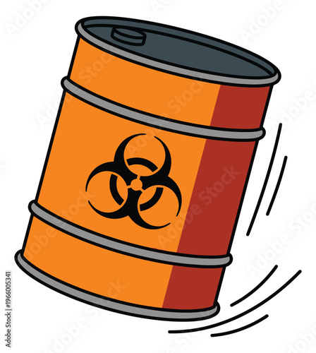 Cartoon illustration of a biohazard barrel depicting a rolling orange drum with warning symbol for danger and safety design