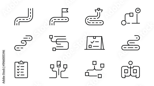 A collection of minimalist line icons representing routes pathways and navigational elements high quality professional detailed