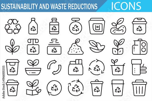 Eco waste reduction and recycling symbols set with green energy and environmental icons