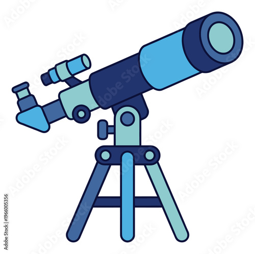 Cartoon illustration of a refractor telescope depicting an astronomy observation instrument on a tripod for science and education design
