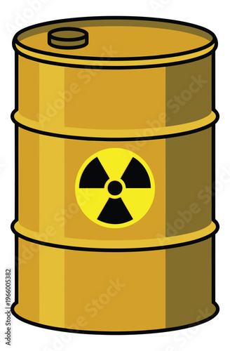 Cartoon illustration of a radioactive waste barrel depicting a hazardous material drum with radiation warning symbol for science and safety design