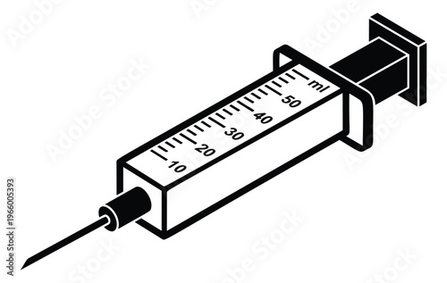 Bold isometric illustration of a medical syringe depicting a hypodermic needle with measurement scale for healthcare design