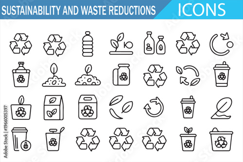 Zero waste and eco lifestyle icons collection with recycling and biodegradable elements