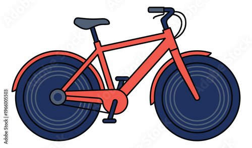Cartoon illustration of a red bicycle depicting a classic city bike with bold navy wheels for transport and lifestyle design