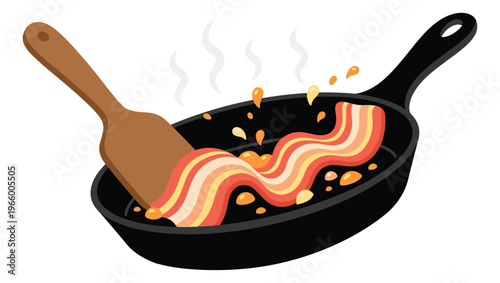 Cartoon illustration of bacon strips sizzling in a cast iron skillet depicting hot cooking with a wooden spatula for food and kitchen design