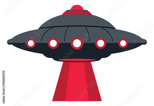 Flat illustration of a flying saucer depicting an alien spacecraft with red tractor beam for science fiction design