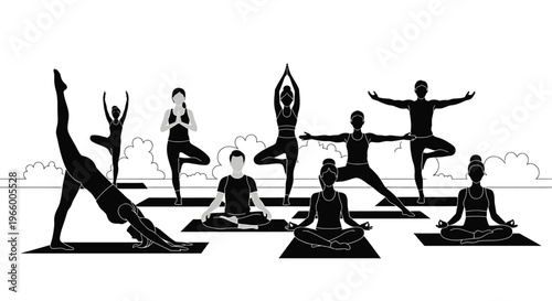Yoga class silhouette vector, group of people practicing yoga poses in nature, outdoor wellness and meditation session, black and white fitness illustration
