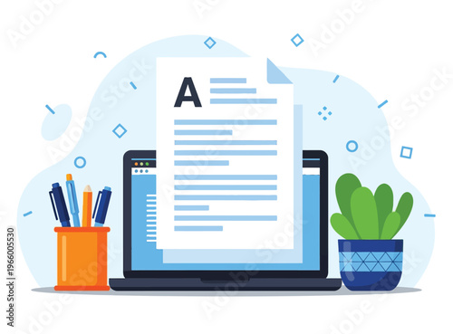 Laptop with document and letter A on screen showing writing editing or content creation with pens and plant on desk.
