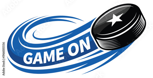 Cartoon illustration of a hockey puck depicting motion and speed with game on text for sports and team design