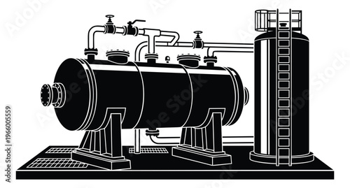 Bold silhouette illustration of industrial boiler system depicting pressure vessel and piping equipment for engineering design