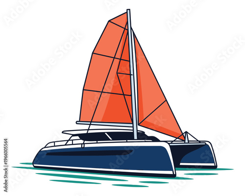 Flat illustration of a catamaran sailboat depicting a twin hull vessel with orange sails for nautical and travel design