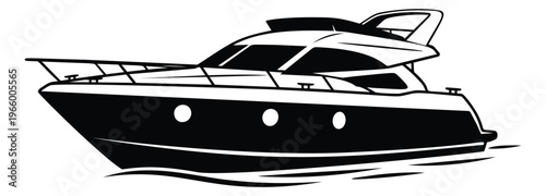 Silhouette illustration of a luxury motor yacht depicting a speeding powerboat on water for marine and nautical design