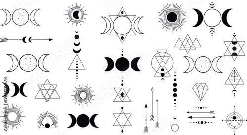 Obraz na plátně Celestial mystical symbols collection with triple moon goddess, sunbursts, sacred geometry triangles, bohemian arrows, alchemy signs, and lunar phase aesthetic vector