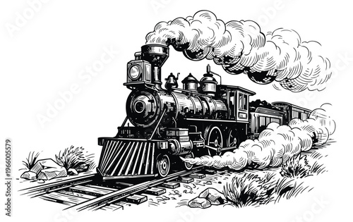 Engraving illustration of a steam locomotive depicting a vintage train in motion with billowing smoke for transportation and history design