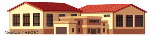 Flat illustration of a large commercial building depicting a warehouse or school exterior for real estate and architecture design