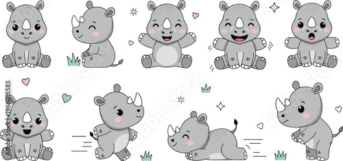 Cute rhinoceros cartoon collection with different poses, adorable baby rhino characters, playful animal vector illustration set