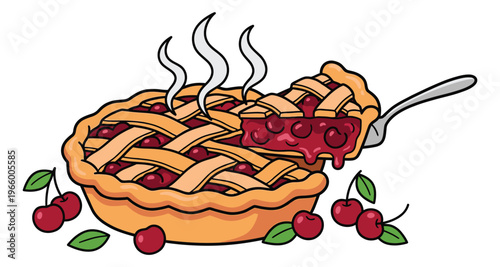 Cartoon illustration of a fresh baked cherry pie depicting a warm lattice crust with a serving slice lifted for food and bakery design