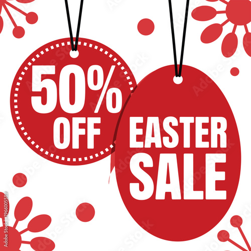 Easter sale tags feature fifty percent off discount text hanging against a floral background.