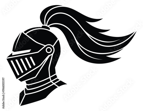 Silhouette illustration of a medieval knight helmet depicting armor with flowing plume for heraldry and sports mascot design