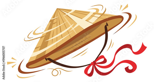 Cartoon illustration of a Vietnamese conical hat depicting spinning motion with red ribbon bow for Asian cultural design