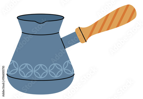 Flat cartoon illustration of a turkish coffee pot depicting a traditional cezve with wooden handle and decorative pattern for kitchen and food design