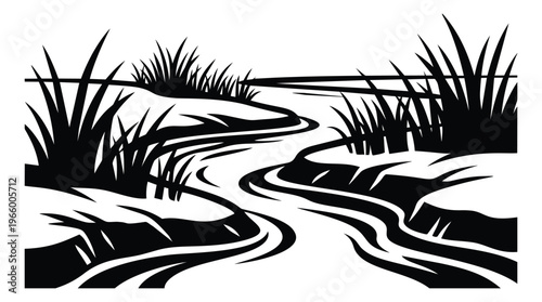 Silhouette illustration of a winding river depicting flowing water through grass and reeds for nature and landscape design