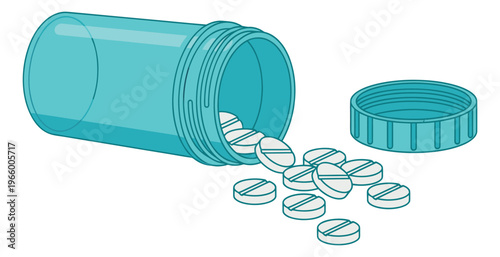 Cartoon illustration of medicine pills spilling from an open bottle depicting scattered tablets for healthcare and pharmaceutical design