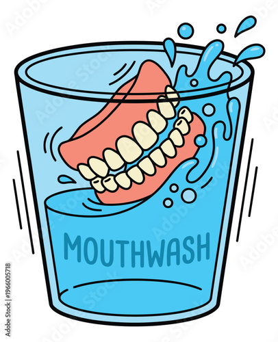 Cartoon illustration of dentures splashing in a glass depicting false teeth soaking in mouthwash for dental hygiene design