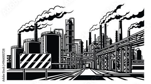 Woodcut illustration of an industrial refinery depicting smoking chimneys and chemical plant infrastructure for energy and pollution design