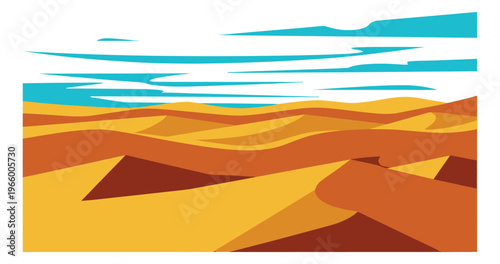 Flat illustration of a desert landscape depicting rolling sand dunes under a dramatic sky for travel and nature design