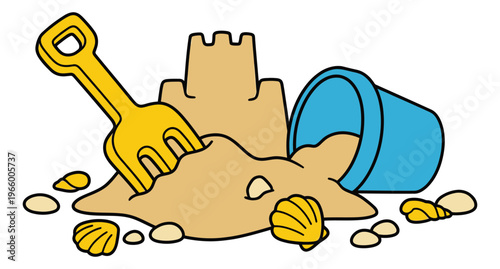 Cartoon illustration of beach sand castle depicting summer play with shovel bucket and seashells for kids and vacation design