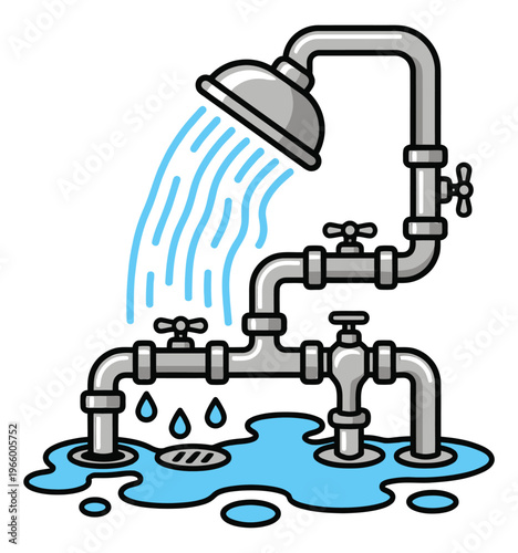 Cartoon illustration of plumbing pipes and shower head depicting water leakage and flooding for home repair design