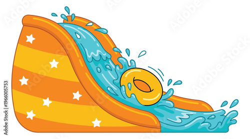 Cartoon illustration of an inflatable water slide depicting a yellow tube ring splashing down for summer and amusement park design