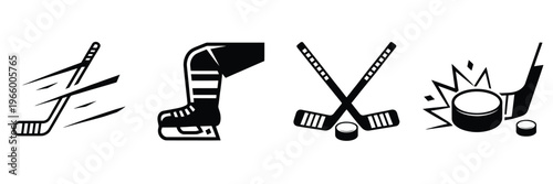 A collection of black and white icons depicting elements associated with the sport of ice hockey