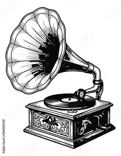 Engraving illustration of a vintage gramophone depicting an antique record player with ornate detailing for retro music design
