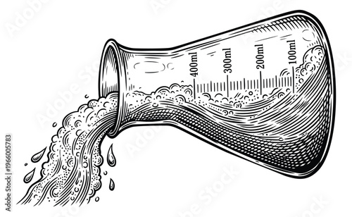 Engraving illustration of a laboratory flask depicting liquid spilling out for science and chemistry design
