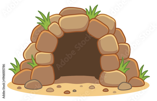 Cartoon illustration of a stone cave depicting a rocky arch entrance with grass accents for nature and adventure design