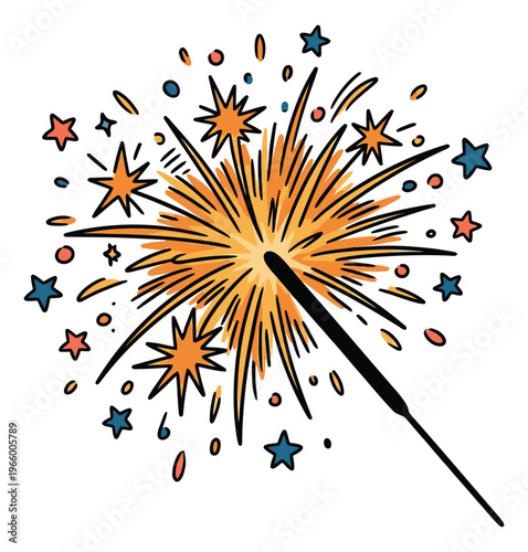 Cartoon illustration of a sparkler depicting bursting light and colorful star sparks for celebration and holiday design