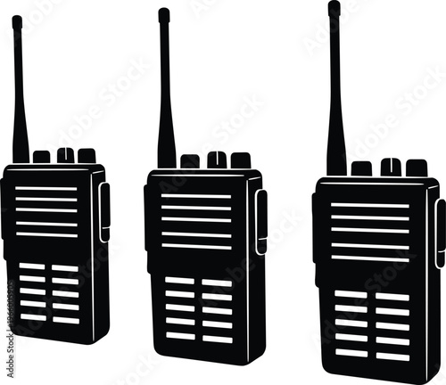 Portable walkie talkie radio communication devices set black silhouette isolated emergency transceiver equipment for security police and industrial use