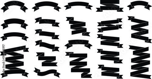 Collection of black ribbon banners and vintage heraldic scrolls set isolated for graphic design, badges, labels, headings and decorative frames.