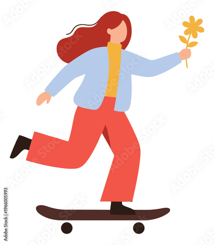 Flat illustration of a young woman skateboarding depicting carefree movement while holding a flower for lifestyle and youth design