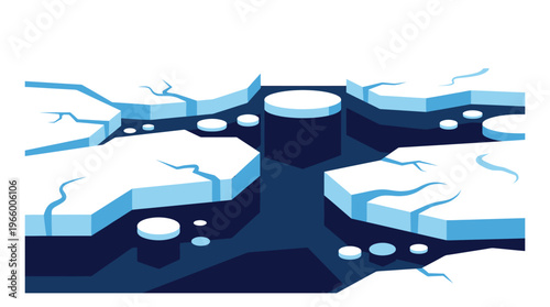 Flat illustration of cracking arctic ice depicting melting ice floes and frozen sea surface for climate and environment design