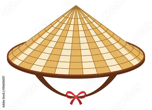 Flat illustration of a traditional Asian conical hat depicting woven bamboo design with red bow for cultural and fashion use
