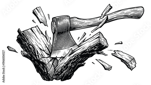 Engraving illustration of an axe splitting firewood depicting wood chopping action for outdoor and lumberjack design